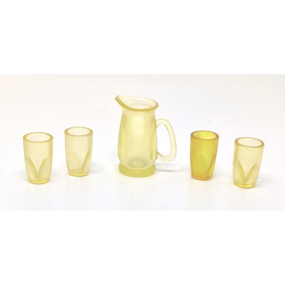 Vintage Barbie 70s 80s Mattell Translucent Amber Pitcher 4 Drinking Glasses Set